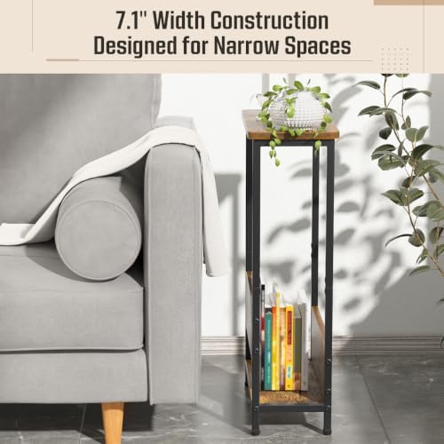 THUMEYE 7.1" Narrow Side Table for Small Spaces, 2 Tier Small End Table with Magazine Holder, Slim/Skinny Nightstand/Bedside Table for Living Room, Bedroom, 15.4" L x 24.2" H