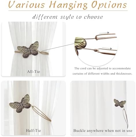 Magnetic Curtain Tiebacks, Resin Decorative Butterfly Window Treatment Farmhouse for Drapes, Midcentury Vintage Style Tie Backs for Curtains, Pack-2, Bronze (Antique Brass)