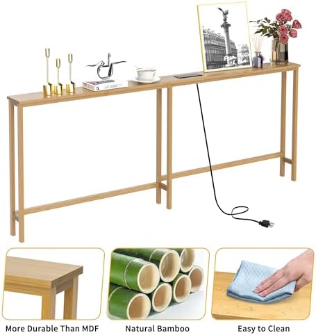 VASMIA 70.9 Inch Narrow Console Table with Outlet,Bamboo Behind Couch Sofa Table,Skinny Hallway Table for Entryway Living Room,Foyer,Natural
