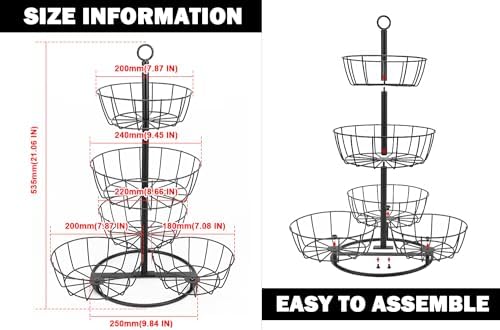 Livabber Fruit Basket Bowl, Metal Fruit Vegetable Storage Basket for Kitchen Counter, Large Capacity Vegetable Holder Rack Detachable Organizer for Bread Snack Produce (Black, 5-Tier Metal Base)