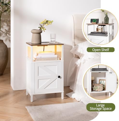 Yoobure Farmhouse Nightstand with Charging Station, Night Stand Barn Door