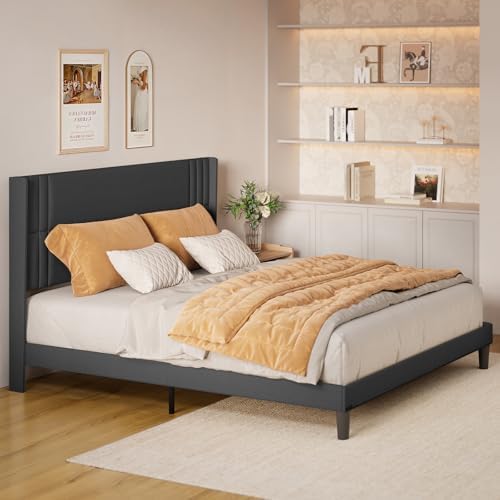 Gizoon King Bed Frame with Wingback Headboard, Upholstered Platform Bed