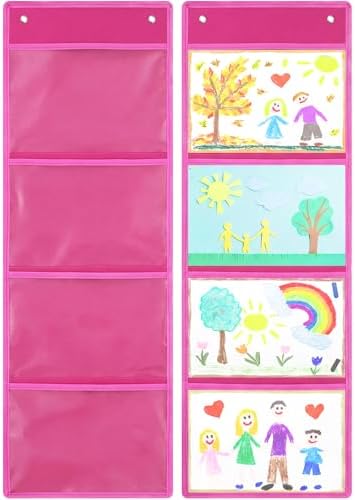 Watersay 2 Pcs Storage Pocket Chart for Classroom, 4 Pockets, Pink