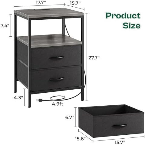 Huuger Night Stand with Charger Station, 27.7 Inch Tall Nightstand