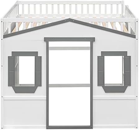 Merax Full Size Loft Bed with Wardrobe, Space-Saving House Bed Frame with Safety Guard & Ladder for Small Bedroom, White+Gray