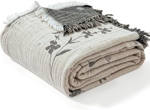QKTE 100% Cotton Muslin Throw Blanket with Tassels, Lightweight Breathable Reversible Cooling Floral Gauze Blanket for Couch Bed, All Season Decorative Bedspread (White Grey, 50" x 60")