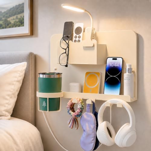 Floating Bedside Wall Shelf, Metal Wall Organizer with Detachable Cup Holde