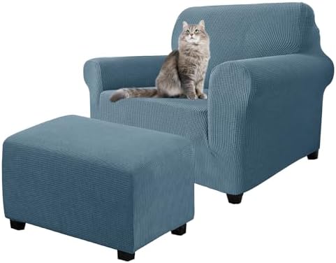 2 Piece Stretch Chair and Ottoman Cover Set, Jacquard Accent Armchair and Foot Stool Slip Cover, Non-Slip Slipcover for Chair with Footrest (Dust Blue,2 Pieces Set)