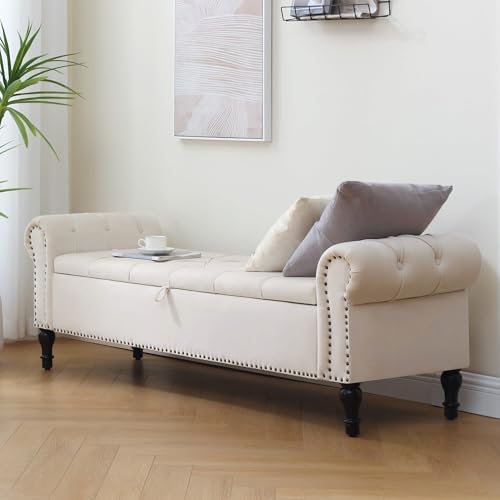 Storage Bed Bench for Bedroom, Velvet 67" End of Bed Benches, King Size Bench with Armrest, Tufted Button Upholstered Ottoman Bench for Living Room, Entryway, Cream White