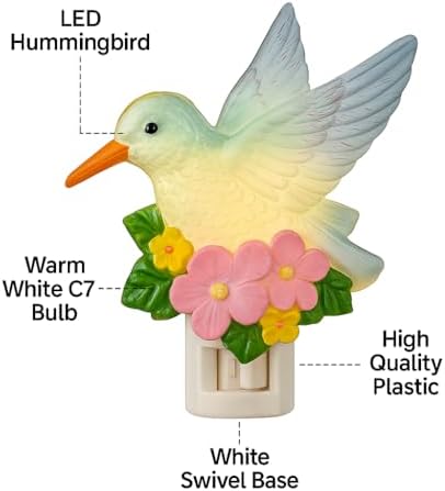 Novelty Lights LED Hummingbird Lamp with Flowers, Swivel Plug Night Light