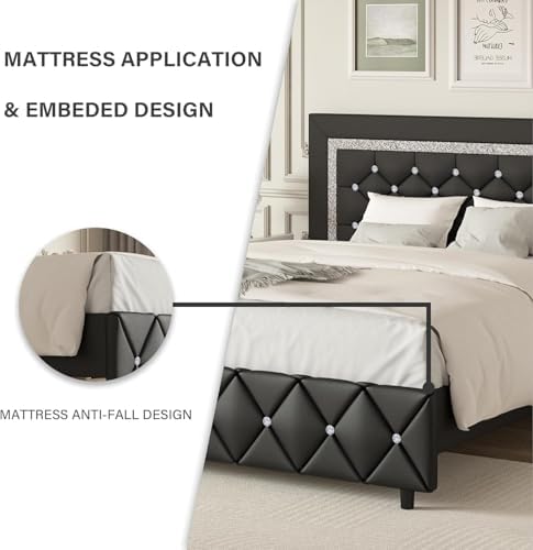 BarnFurin King Size Bed Frame and Headboard, Faux Leather Upholstered Bed with Diamond Tufted Design, Modern Platform Bed Frame with Wooden Slats Support, No Box Spring Required, Easy Assembly, Black