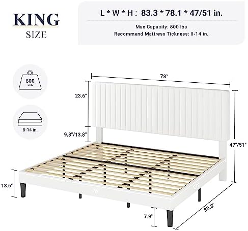 Allewie King Bed Frame, Velvet Upholstered Platform Bed with Adjustable Vertical Channel Tufted Headboard, Mattress Foundation with Strong Wooden Slats, Box Spring Optional, Easy Assembly, Off-White