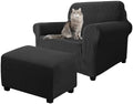2 Piece Stretch Chair and Ottoman Cover Set, Jacquard Accent Armchair and Foot Stool Slip Cover, Non-Slip Slipcover for Chair with Footrest (Black,2 Pieces Set)