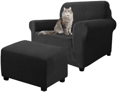 2 Piece Stretch Chair and Ottoman Cover Set, Jacquard Accent Armchair and Foot Stool Slip Cover, Non-Slip Slipcover for Chair with Footrest (Black,2 Pieces Set)