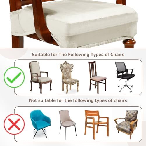 Havawish Extra Wide Dining Chair Seat Covers, Beige White, Velvet, 6 Pcs