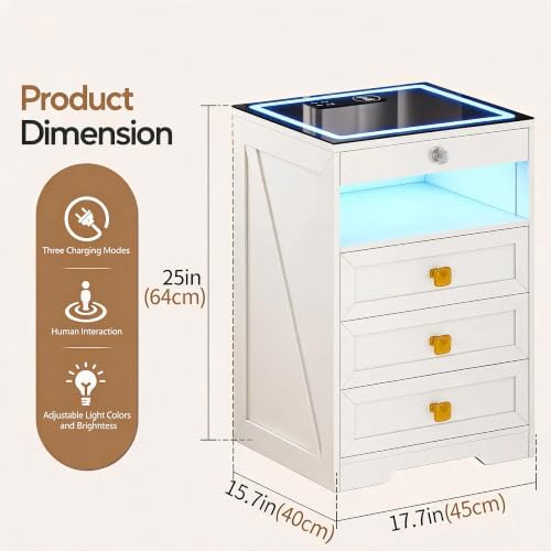Smart LED Nightstand with Lockable Gun Drawer & Glass Top（White）