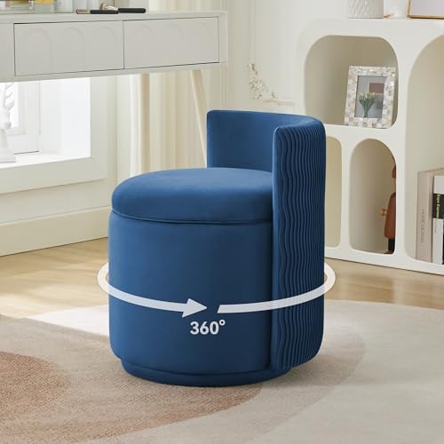 WUTUTUEE Velvet Vanity Chair with Storage, 360° Swivel Makeup Chair with Wave Back, No Assembly Small Accent Stool for Bedroom, Dressing, Living Room, Blue