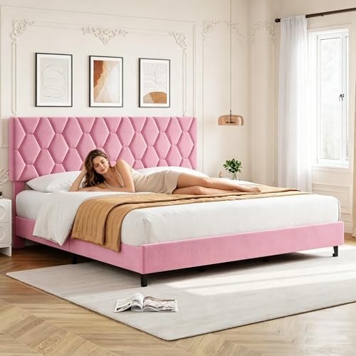 King Bed Frame with Adjustable Headboard, Upholstered Bed Frame, Pink