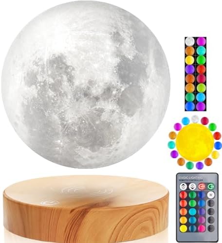 Levitating Moon Lamp,Floating and Spinning in Air Freely with 3D Printing LED Moon Lamp Has 20 Modes for Unique Gifts,Room Decor,Night Light,Office Desk Toys (Wooden Base 16 Colors)