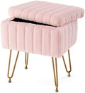 Sweetcrispy Vanity Stool Chair with Storage, 18.9”H x 16”L x 12.2”W Ottoman Chair Faux Fur Soft Padded Makeup Footstools Seat with 4 Metal Legs Anti-Slip Adjustable Feet for Make Up, Pink