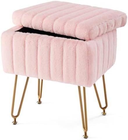 Sweetcrispy Vanity Stool Chair with Storage, 18.9”H x 16”L x 12.2”W Ottoman Chair Faux Fur Soft Padded Makeup Footstools Seat with 4 Metal Legs Anti-Slip Adjustable Feet for Make Up, Pink