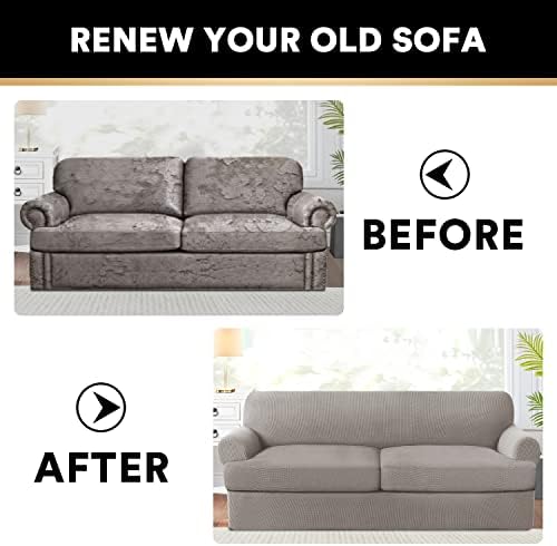 PrinceDeco T Cushion Sofa Slipcover 3 Pieces Sofa Covers for T Cushion Couch Soft Couch Covers Sofa Slip Cover Furniture Covers with 2 Individual T Shape Seat Covers Width Up to 88", Taupe