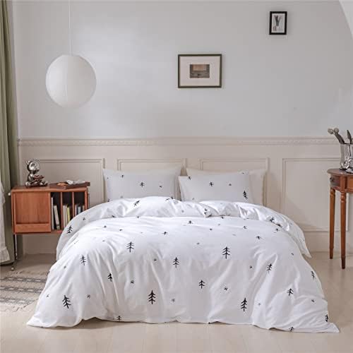 BuLuTu Kids Duvet Cover Full Cotton White/Grey,Premium Boys Girls Bedding Sets Queen,Double Bed Comforter Cover Zipper Closure,Forest Tree Print Pattern,Super Soft,Breathable,No Comforter