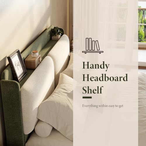 Garvee Full Upholstered Bed Frame with Recessed Shelf- Green & Beige