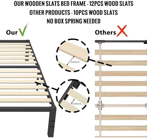 14 Inch Queen Size Bed Frame with Wood Slats & 4 Mattress Baffles