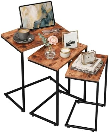 SUPER DEAL Nesting Tables Set of 3, Industrial C Shaped End Table Stackable Coffee Table Heavy Duty Metal Frame for Small Space, Living Room, Bedroom, Side Table Tray for Laptop Snack, Rustic Brown