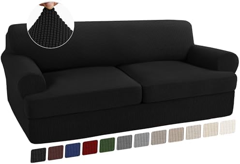 Turquoize 3 Piece T Cushion Sofa Slipcovers Stretch Couch Cover Furniture Covers with 2 Individual T Cushion Covers, Machine Washable (2 Cushion Sofa, Black)