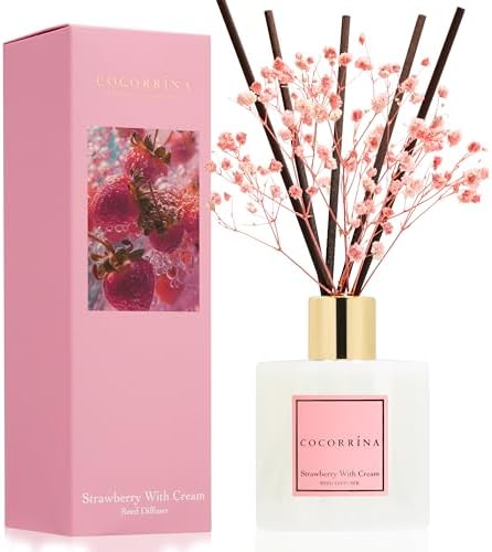 COCORRÍNA Reed Diffuser - Strawberry with Cream 6.7 fl oz Reed Diffuser with Sticks, Home Bedrrom Bathroom Shelf Decor