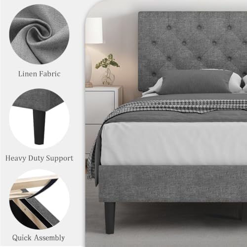 HOMBCK Full Bed Frame with Adjustable Headboard, Light Grey