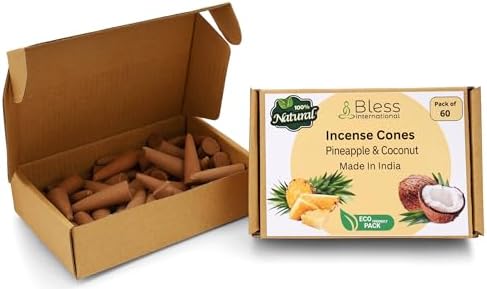 Bless International Pineapple and Coconut 100%-Natural-Incense-Cones Handmade-Hand-Dipped Organic-Chemicals-Free for-Purification-Relaxation-Positivity-Yoga-Meditation (60 Count)