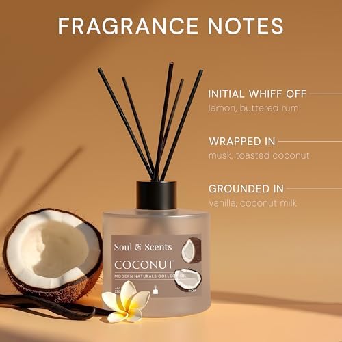 Soul & Scents Reed Diffuser Set – Coconut | 7.43 oz Refillable Scented Oil with 6 Fiber Sticks | Long-Lasting Home Fragrance & Air Freshener for Bedroom, Bathroom, Office | Gift & Décor Piece