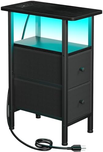 LOAKEKEL Narrow End Table with Charging Station, Small Nightstand