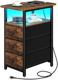 Yoobure End Table with Charging Station, LED Narrow Side Table Bedside Table, Small Night Stand End Tables Living Room, Skinny Nightstand with 3 Fabric Drawers, Side Tables Bedroom for Small Spaces
