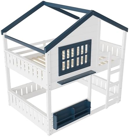Full Over Full Size House Bunk Bed with Storage Bookshelf, White