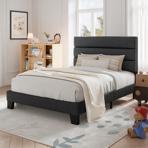 Allewie Twin Size Platform Bed Frame with Fabric Upholstered Headboard Gray