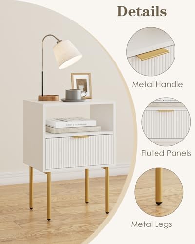 Aienvey Nightstand with One Drawer, White Stripe Night Stand and Gold Frame