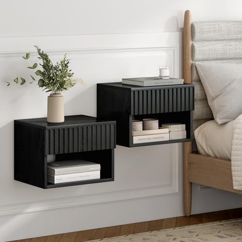 EYYTHUNG Fluted Floating Nightstand Set of 4 with Drawer, Modern Night Stand with Fluted Door and Open Storage Shelf Wall Mounted Bedside Table for Bedroom, Entryway Black