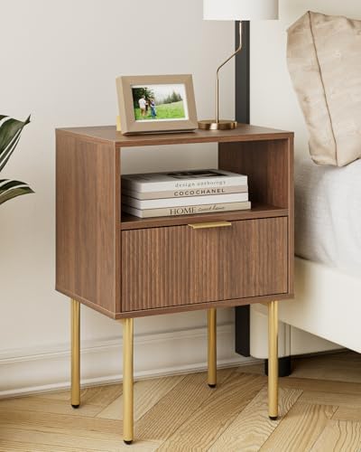 Aienvey Nightstand with One Drawer, WalnutStripe Night Stand and Gold Frame