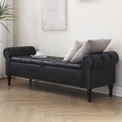Leather Storage Bench 67 Inch Upholstered Tufted Ottoman Bench with Arms King Size End of Bed Bench for Bedroom Living Room Entryway Obsidian Black