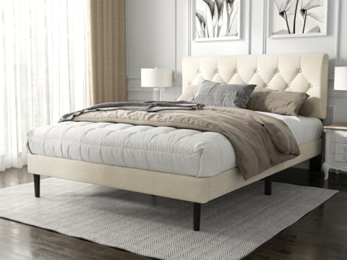 HAOARA Queen Size Platform Bed Frame with Upholstered Button Tufted Headboard, Mattress Foundation with Wooden Slat Support, Noise Free, No Box Spring Needed, Easy Assembly, Beige Velvet