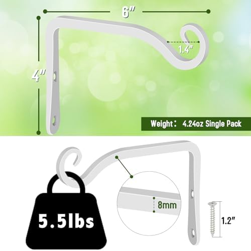 FEED GARDEN Heavy Duty Plant Hooks - 2 Pack 6 Inch Wall Mounted Hanging Brackets, 44lb Capacity Steel Plant Hangers for Bird Feeders, Baskets, Wind Chimes - White