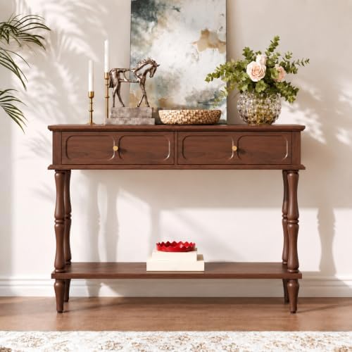 ARTPOWER 41" Mid-Century Console Table, 2 Drawers and Open Shelf, Brown