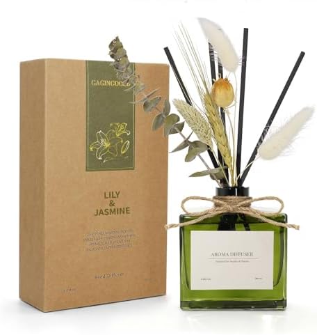 Reed Diffuser, 6.09 oz Jasmine Lily Scent Diffuser with Sticks & Dried Flowers, 120 Days Long Lasting reed diffusers for home, Elegant fragrance for Bathroom Bedroom Office Decor, Air fresh