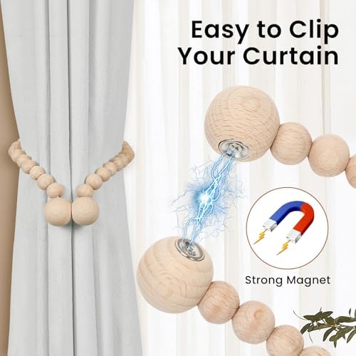 KLOGTSIND Magnetic Curtain Tiebacks, 4 Pack Wood Bead Curtain Holdbacks