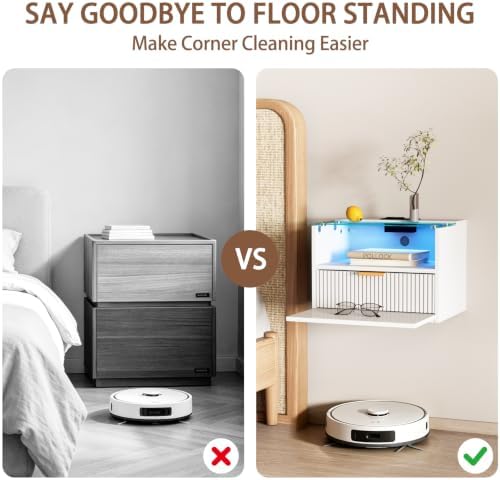 Modern Floating Nightstand Set of 2 with Charging Station & Light (White)