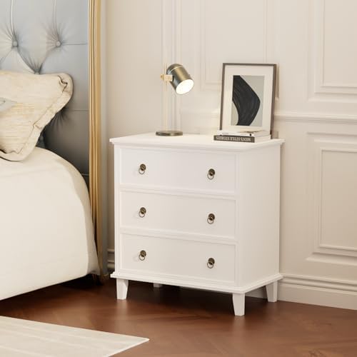 COWMOU White 3 Drawers Nightstand with Charging Station, Large Mid-Century Modern Bedside Table with USB Ports & AC Outlets, Wooden End Table for Bedroom Living Room, 27.6"W x 29.8"H Storage Cabinet